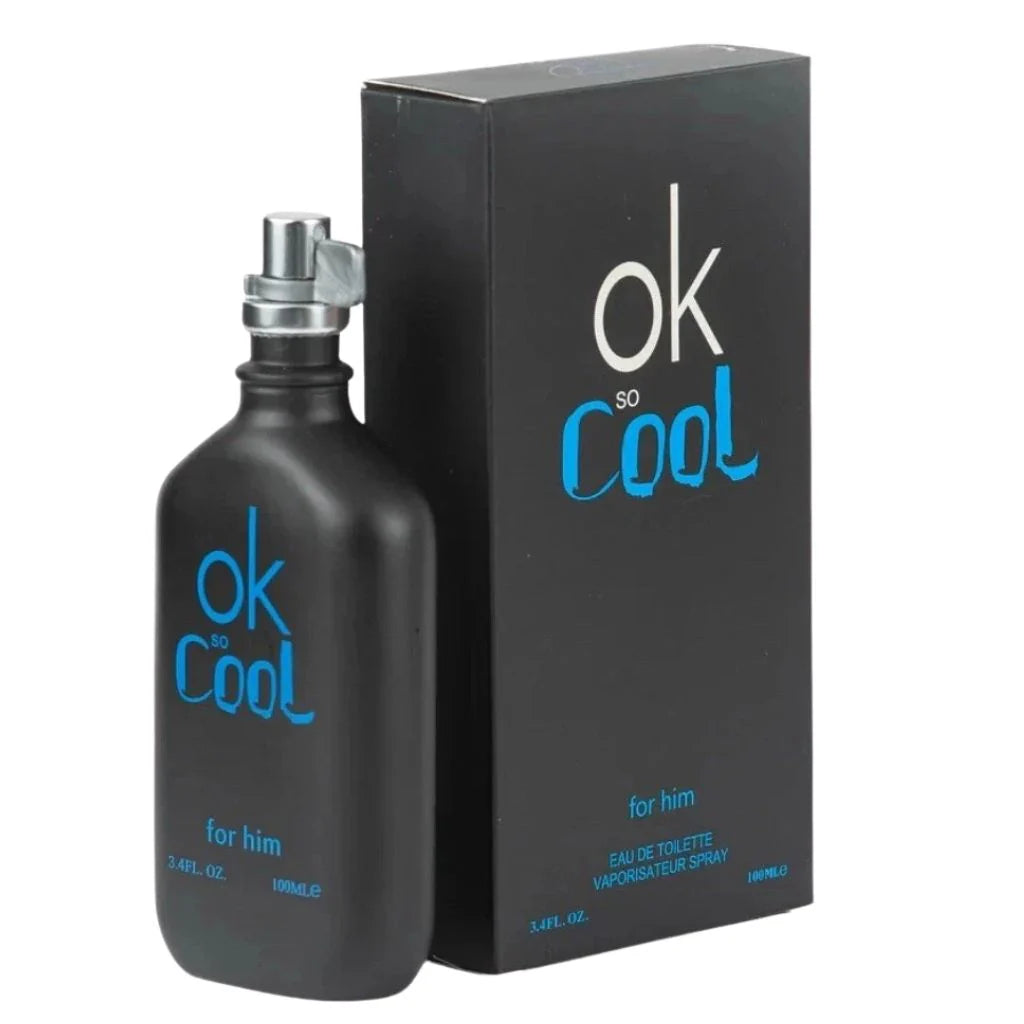 Ok So Cool for Men 100ml Eau de Toilette in a matte black bottle with blue text next to its matching black and cyan retail box.
