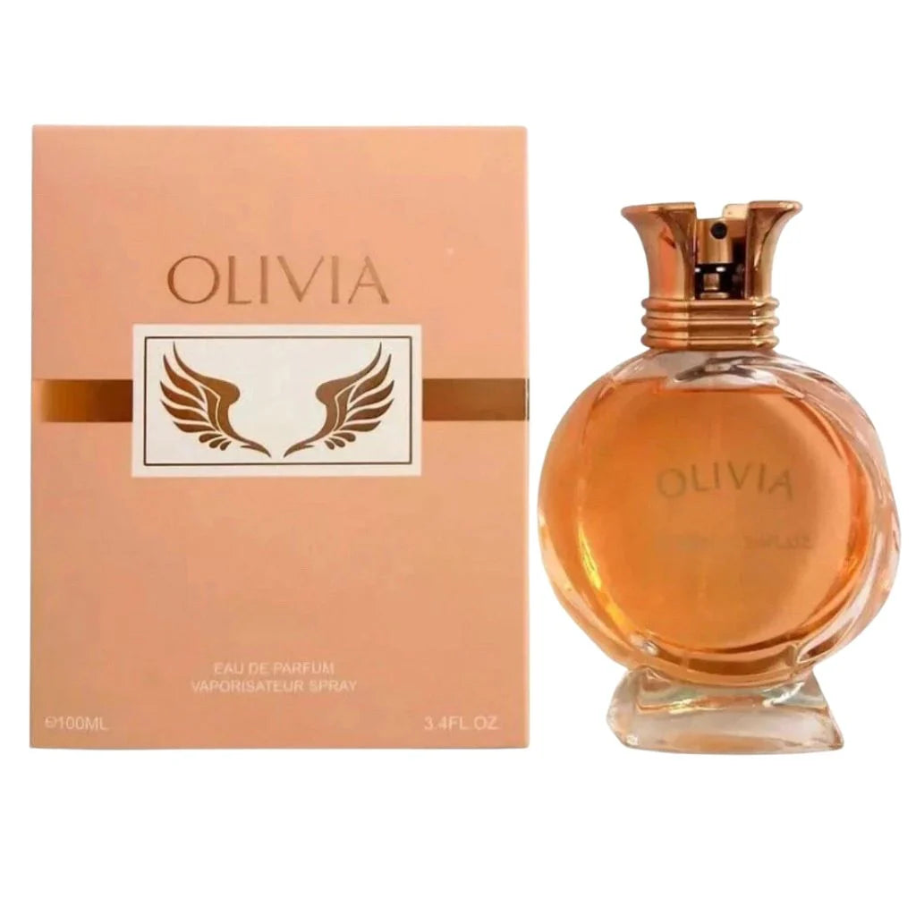 Olivia 100ml Eau de Parfum round glass bottle with an ornate gold cap next to its soft peach and gold box.