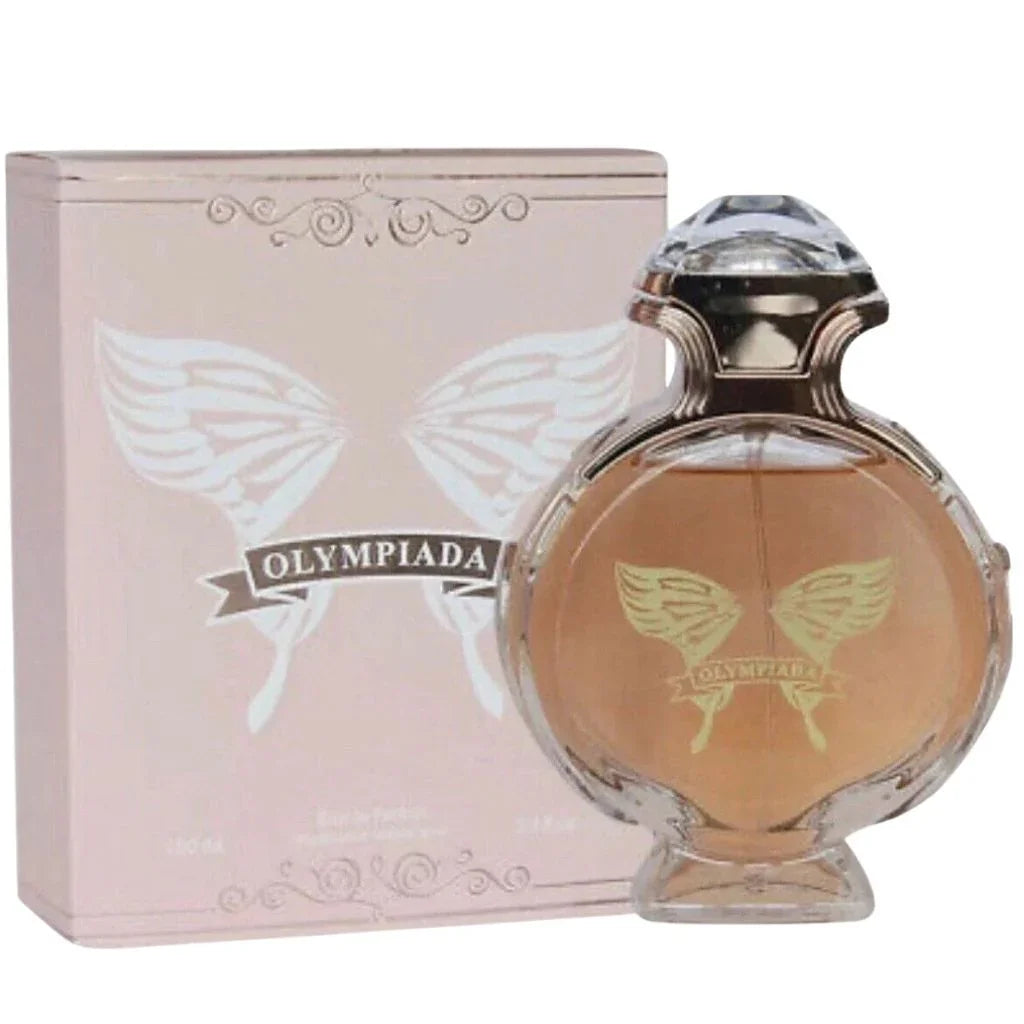 Olympiada 100ml Eau de Parfum in a round glass bottle with golden wing accents next to its elegant pink and silver retail box.