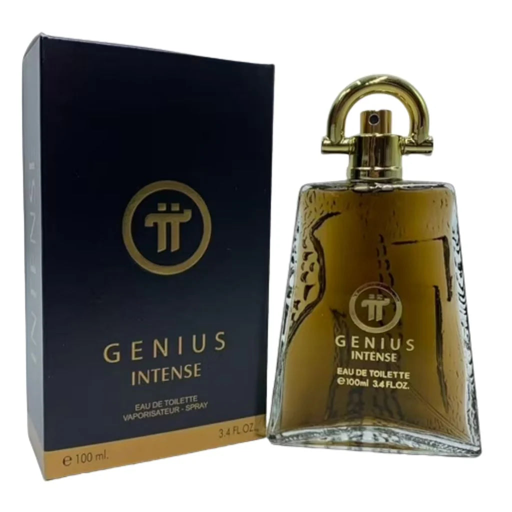 PI Genius Intense for Men in a 100ml triangular glass bottle with a gold cap next to its black and gold branded box.