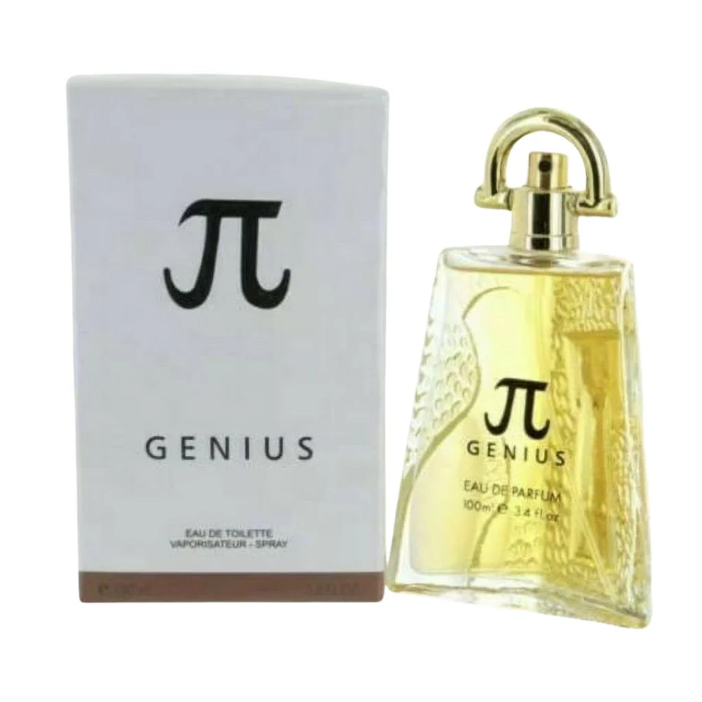 PI Genius for Men in a 100ml triangular glass bottle with a gold cap next to its minimalist white retail box.