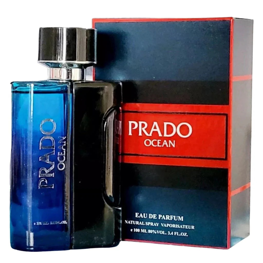 PRADO OCEAN for Men in a 100ml dual-toned blue and black glass bottle next to its navy blue and red retail box.