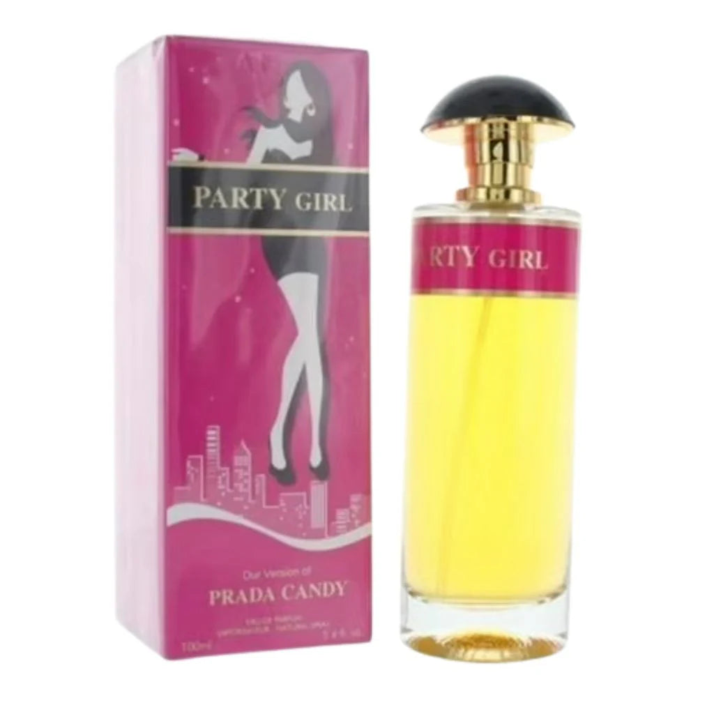 Party Girl 100ml Eau De Parfum bottle standing next to its tall pink and black glamorous retail box.