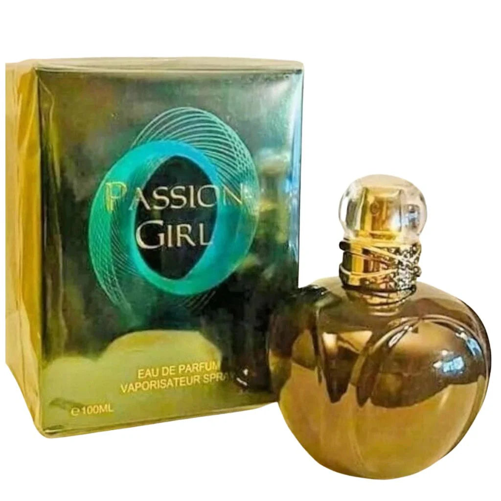 Passion Girl 100ml Eau de Parfum in a golden spherical bottle with a textured collar next to its vibrant green and gold retail box.