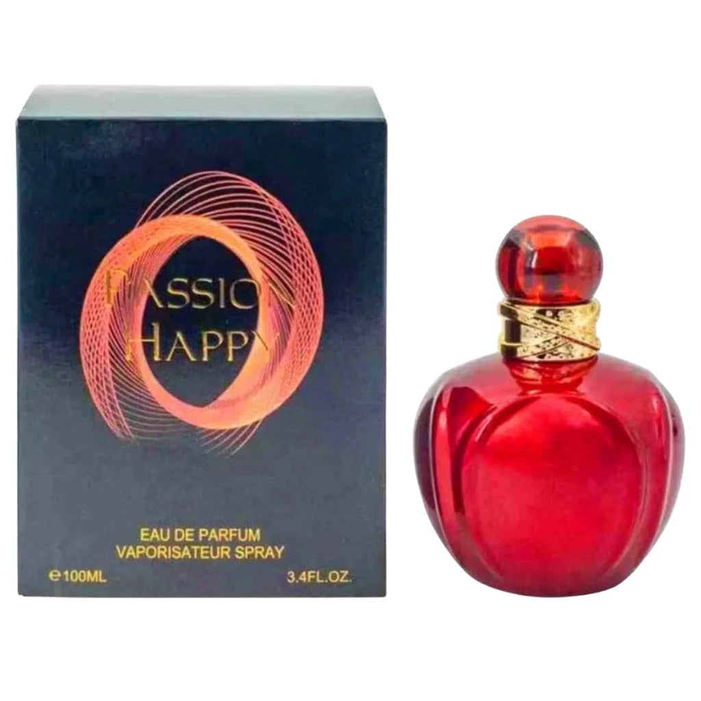 Passion Happy 100ml Eau de Parfum in a vibrant red rounded glass bottle next to its black box featuring an orange and pink swirl design.
