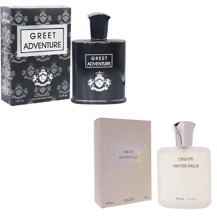 Perfumes for Men 2 Pack Set – Greet Adventure Black + Create Waterfalls Cologne | Perfume for Him Gift Set