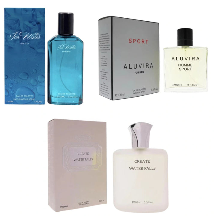 Perfumes for Men 3 Pack Set – Ice Water + Create Waterfalls + Aluvira Sport Cologne | Perfume for Him Gift Set