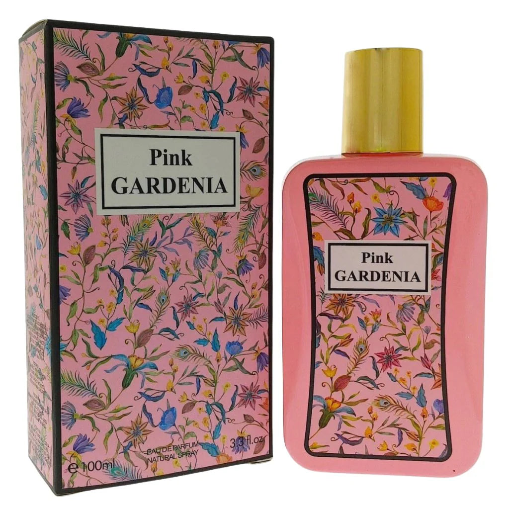 Pink Gardenia 100ml Eau de Parfum in a pink bottle with floral labels next to its matching floral-patterned box.