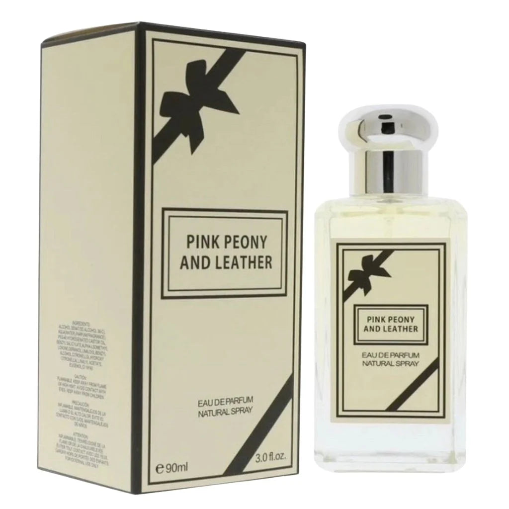 Pink Peony and Leather 90ml Eau de Parfum in a clear glass bottle with a silver cap next to its elegant cream box featuring a black bow design.