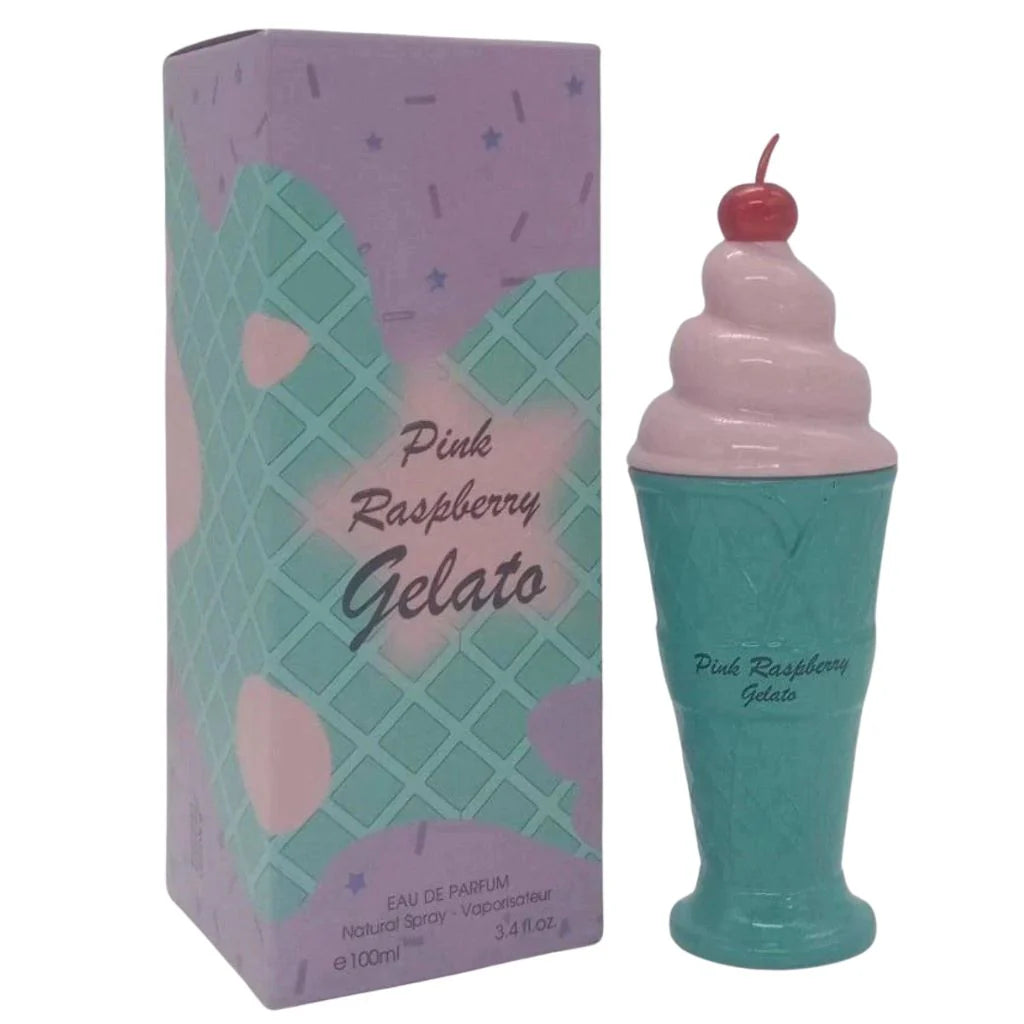 Pink Raspberry Gelato 100ml Eau de Parfum in a unique pink and teal gelato-cone shaped bottle next to its purple waffle-patterned box.