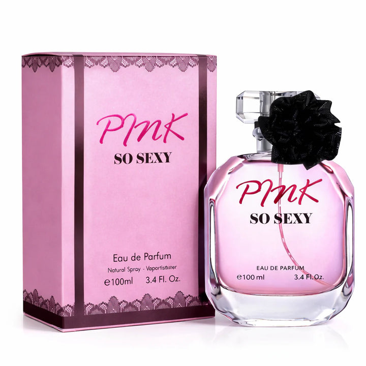 Pink So Sexy 100ml Eau de Parfum in a pink glass bottle with a black rose accent, standing next to its matching pink and black decorative box.