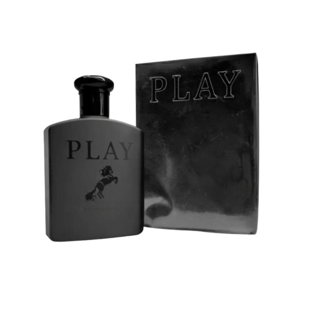 Play Double Black for Men 100ml Eau de Parfum in a sleek matte black bottle with horse emblem next to its black retail box.
