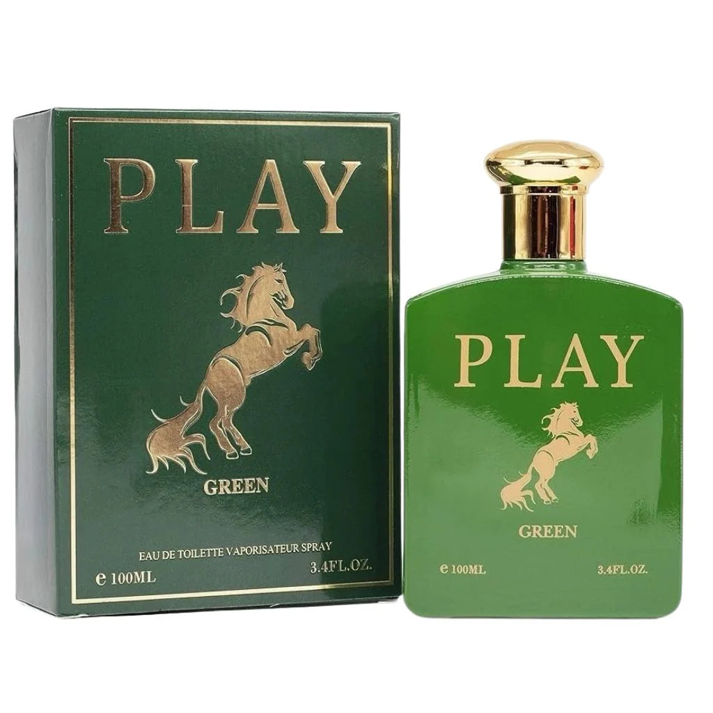 Play Green by EBC Collection 100ml Eau de Parfum bottle with gold horse logo and green box