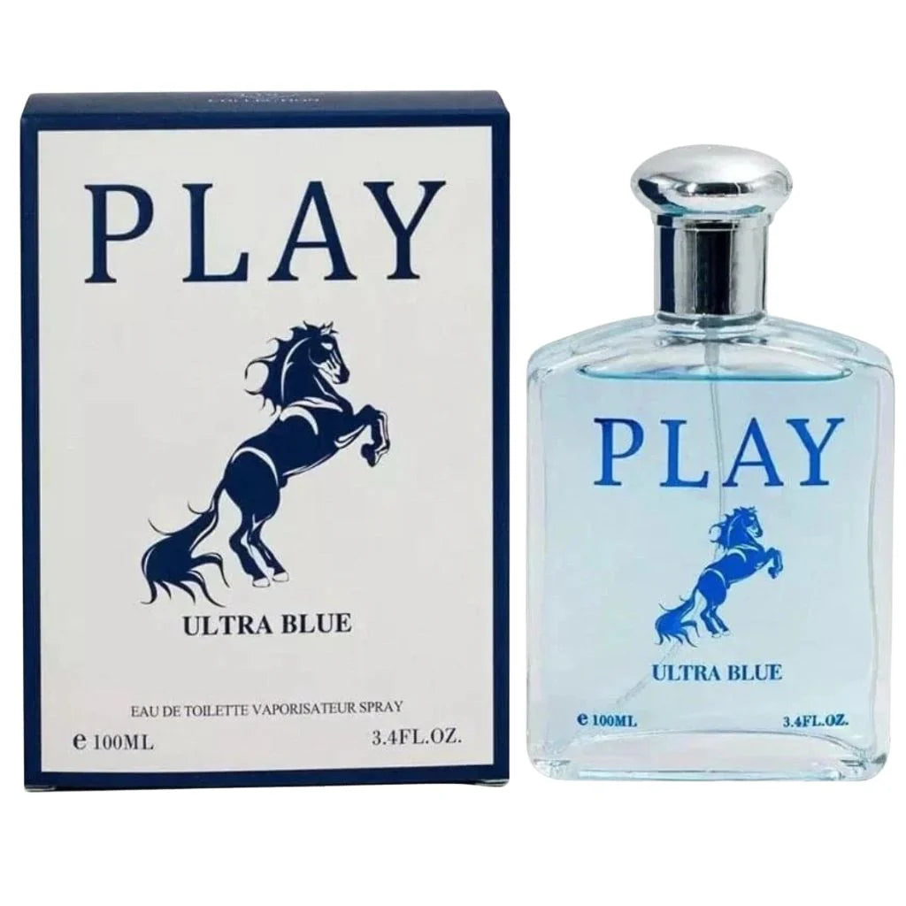 Play Ultra Blue 100ml Eau de Toilette bottle and box with blue horse logo for men