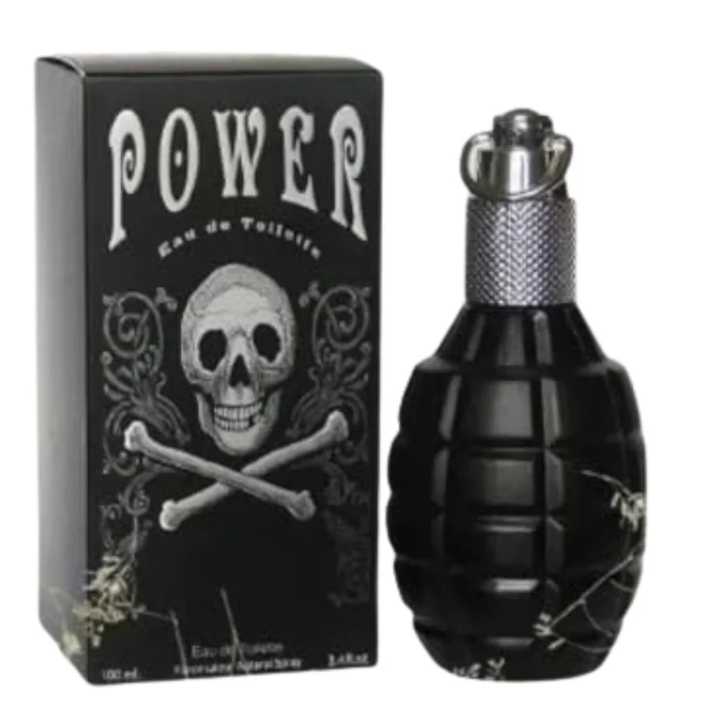 Power for Men in a 100ml grenade-shaped black bottle with a skull and crossbones motif next to its decorative retail box.