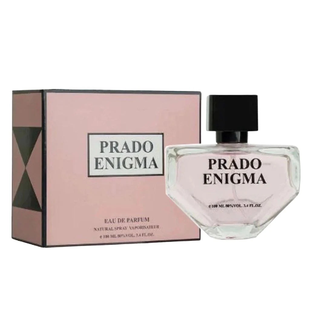 Prado Enigma 100ml Eau de Parfum in a triangular clear bottle with a black cap next to its pink and black geometric patterned box.