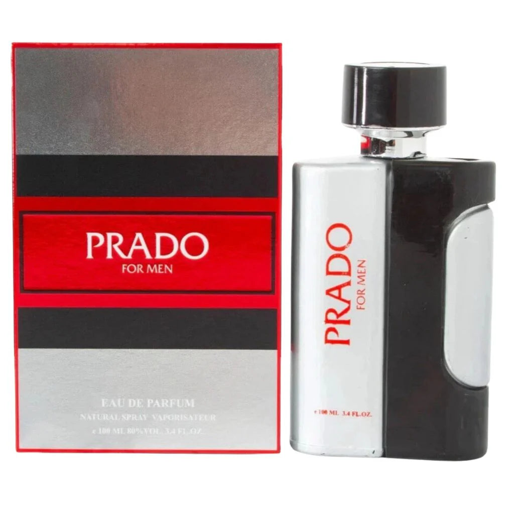 Prado by EBC Collection Eau De Parfum 100ml men's cologne spray bottle in silver and black next to its matching red and silver retail packaging box.