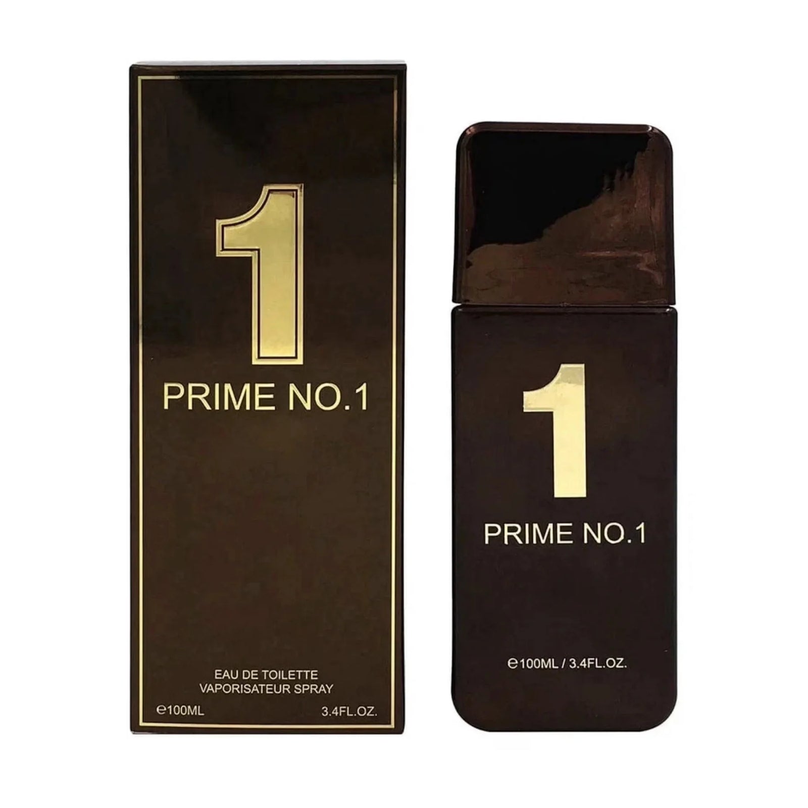 Prime No.1 for Men in a 100ml dark-toned rectangular bottle with a large gold number one next to its matching gold-accented box.