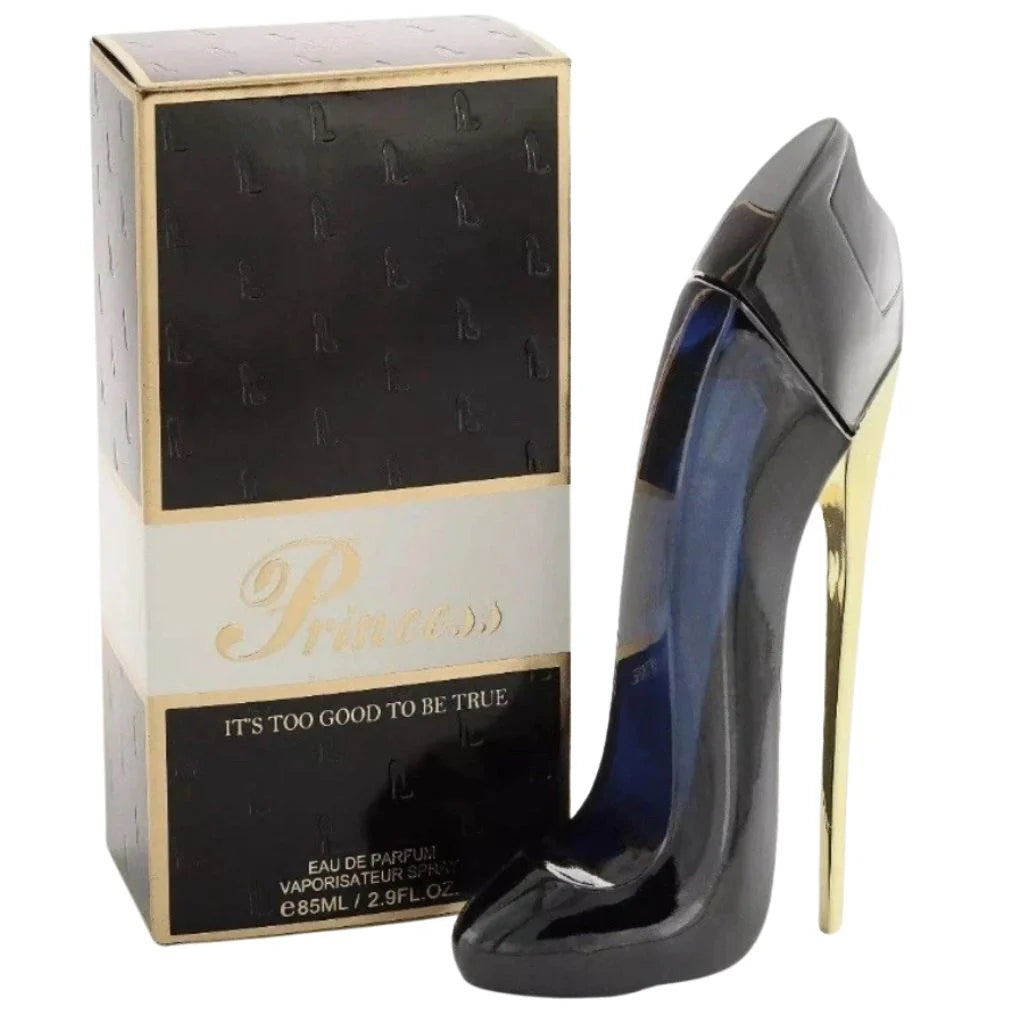 Princess High Heel Black 85ml Eau de Parfum in a sleek black high-heel bottle with a gold stiletto heel next to its premium black and gold box.