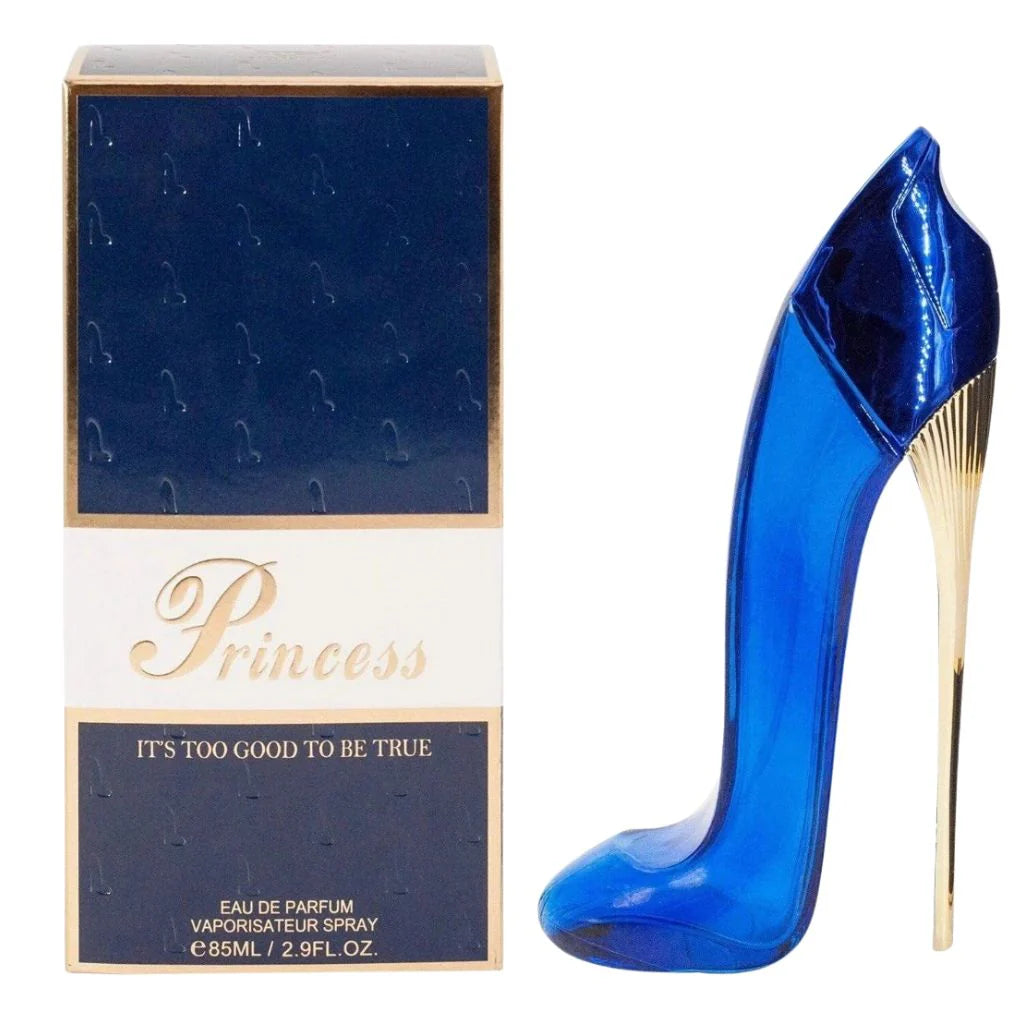 Princess High Heel Blue 85ml Eau de Parfum in an elegant blue high-heel bottle with gold stiletto heel next to its premium blue and gold box.