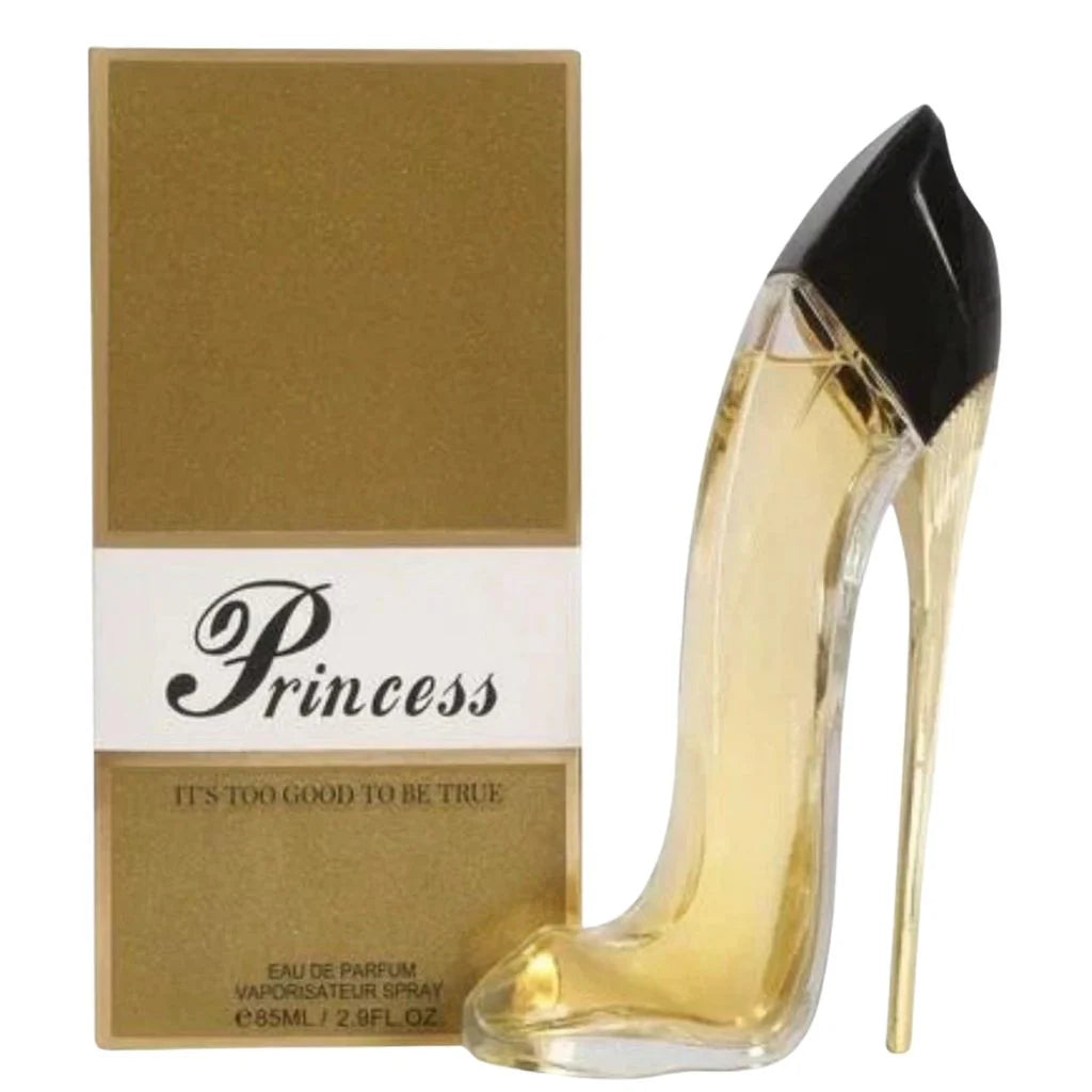 Princess High Heel Gold 85ml Eau de Parfum in a stunning gold high-heel shaped bottle next to its gold premium box.