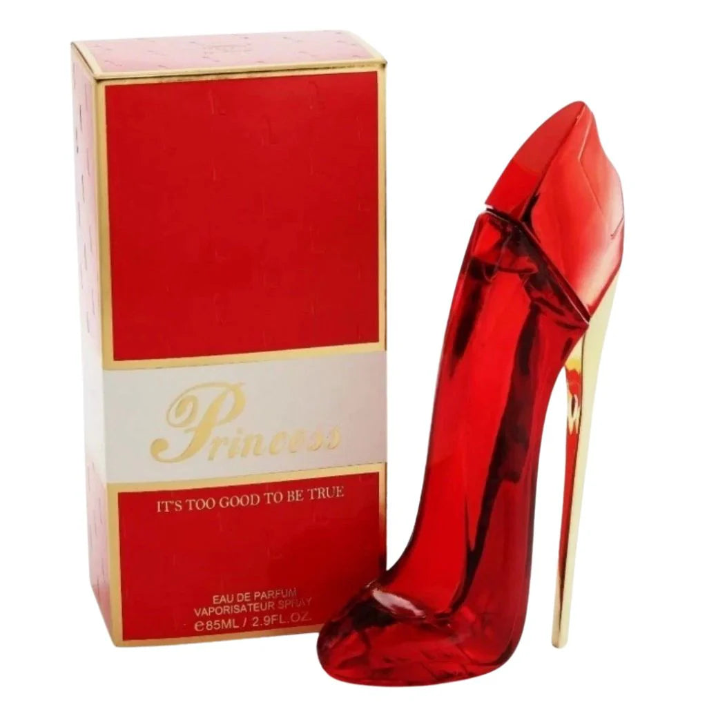 Princess High Heel Red 85ml Eau de Parfum in a striking red high-heel bottle with a gold stiletto heel next to its premium red and gold box.