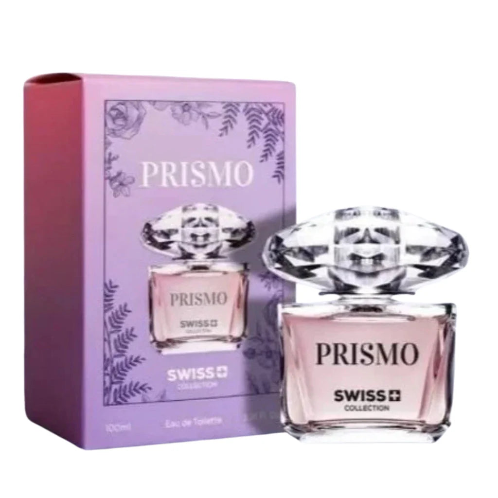 Prismo by Swiss Collection 100ml Eau de Toilette in a jewel-faceted clear bottle next to its lilac floral-patterned box.