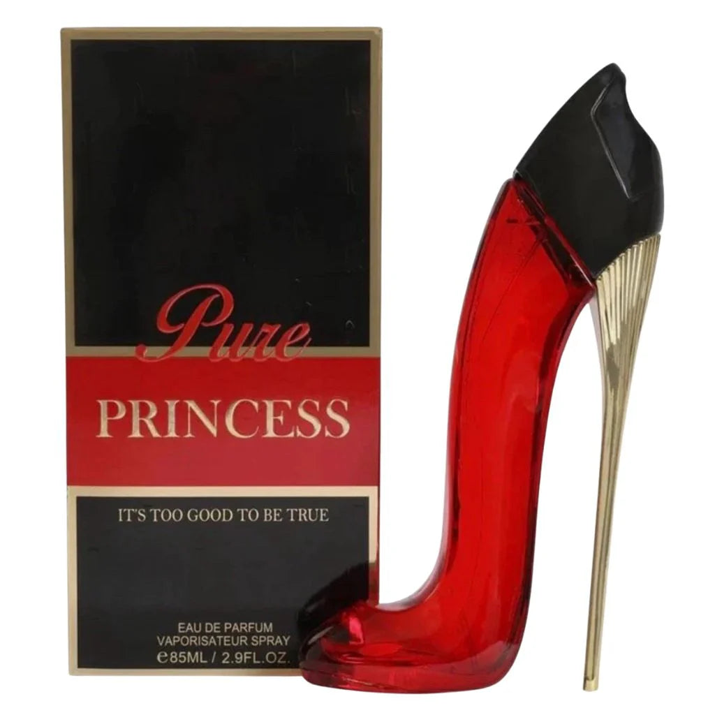 Pure Princess High Heel 85ml Eau de Parfum in a stunning red high-heel shaped bottle with a black cap, next to its premium black and red box.