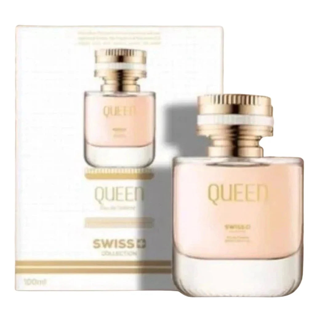Queen by Swiss Collection 100ml Eau de Toilette in a clear glass bottle with a gold-toned cap next to its elegant white and gold box.