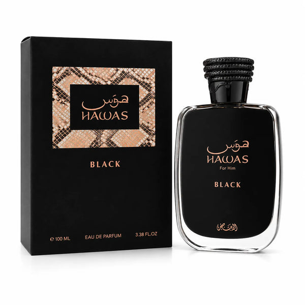 Rasasi Hawas Black for Men Eau De Parfum 3.4 Fl Oz bottle next to its sleek black and snakeskin detailed luxury retail box presentation.