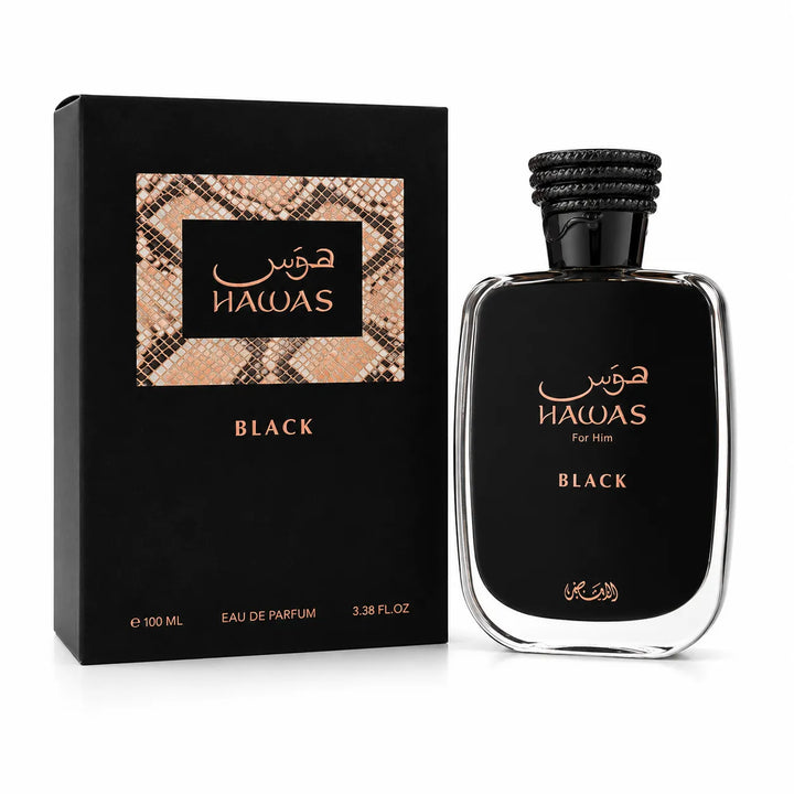 Rasasi Hawas Black for Men Eau De Parfum 3.4 Fl Oz bottle next to its sleek black and snakeskin detailed luxury retail box presentation.