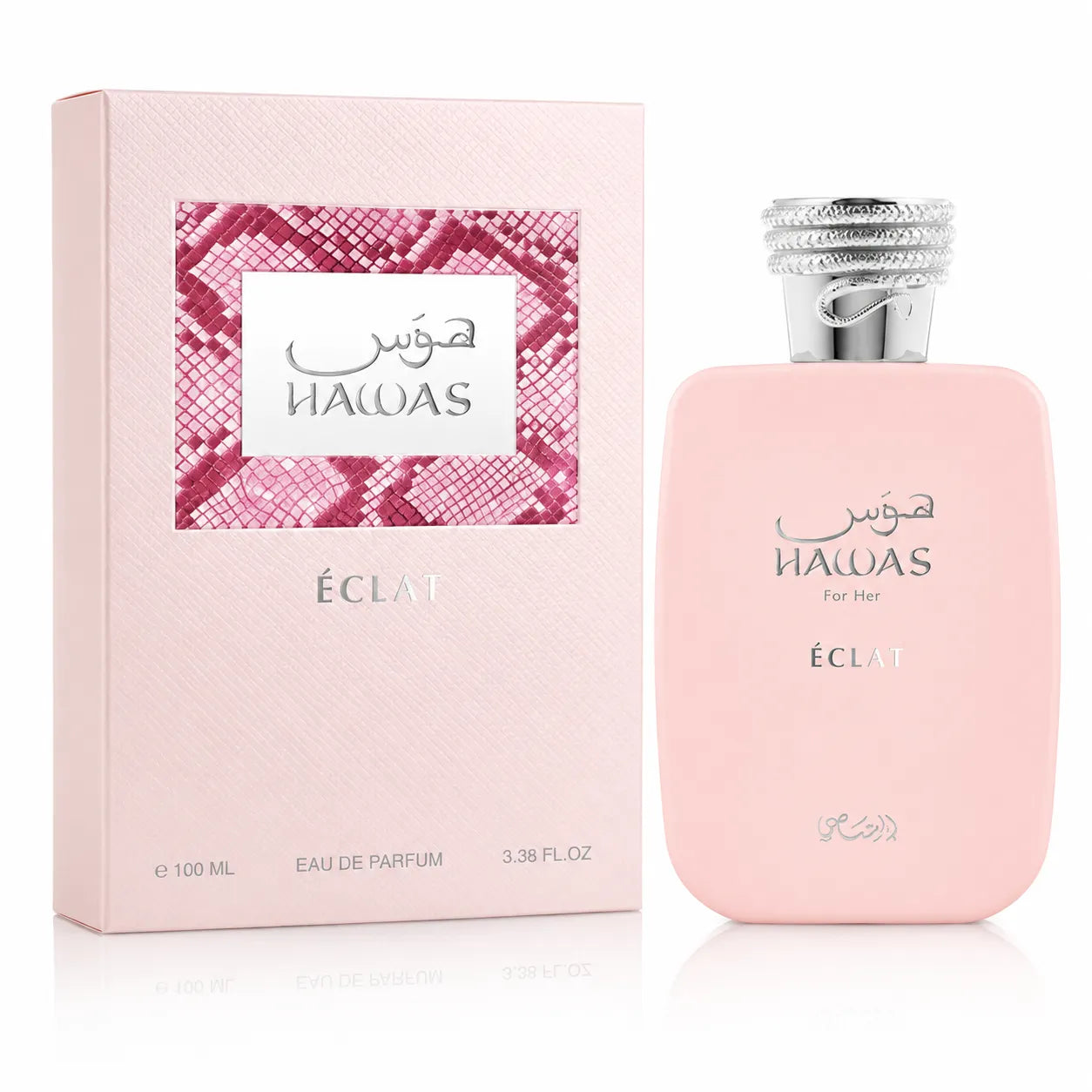 Rasasi Hawas Eclat for Women Eau De Parfum 100ml pink bottle next to its luxury blush pink and snakeskin pattern retail box.