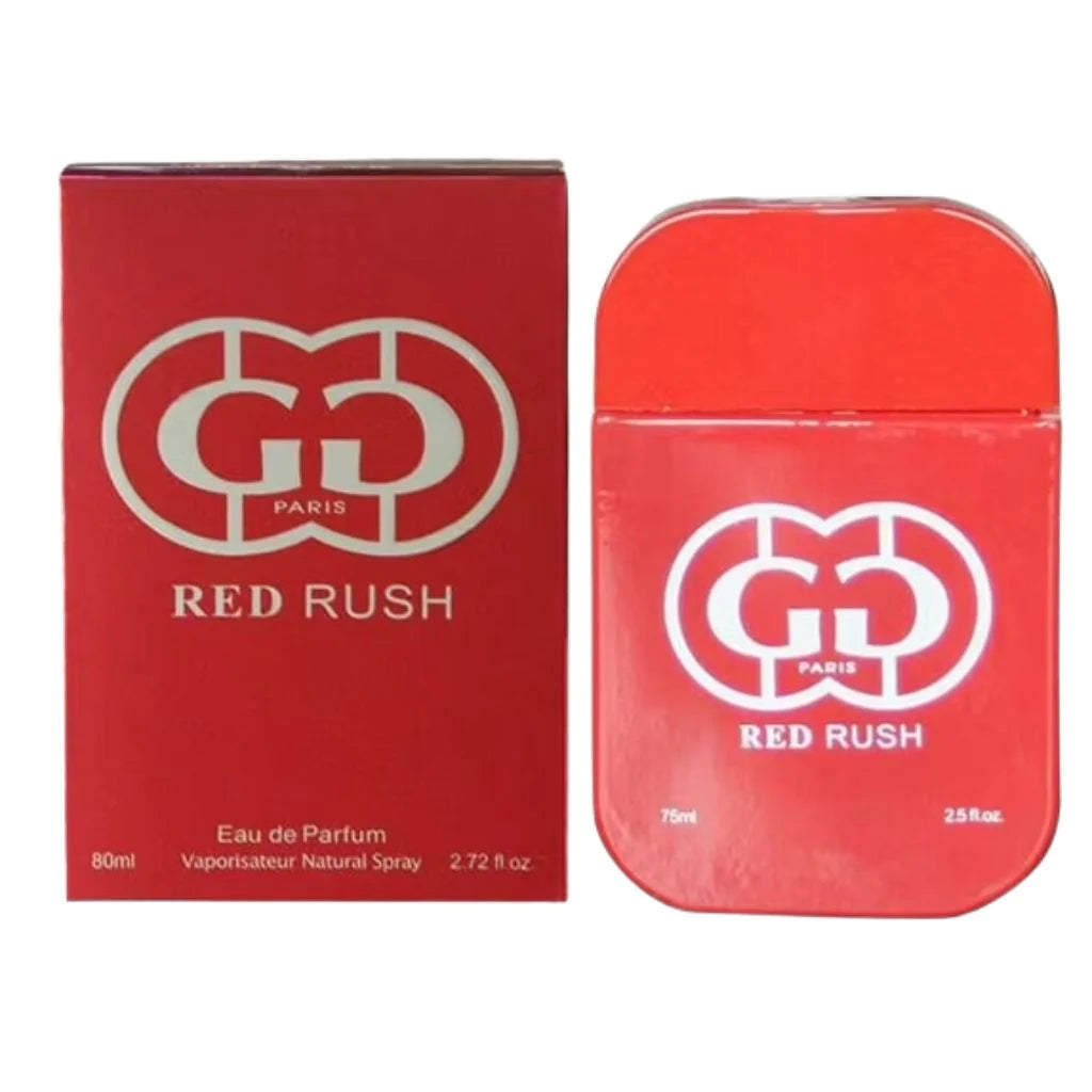 Red Rush 100ml Eau De Parfum red bottle standing next to its matching red and white box.