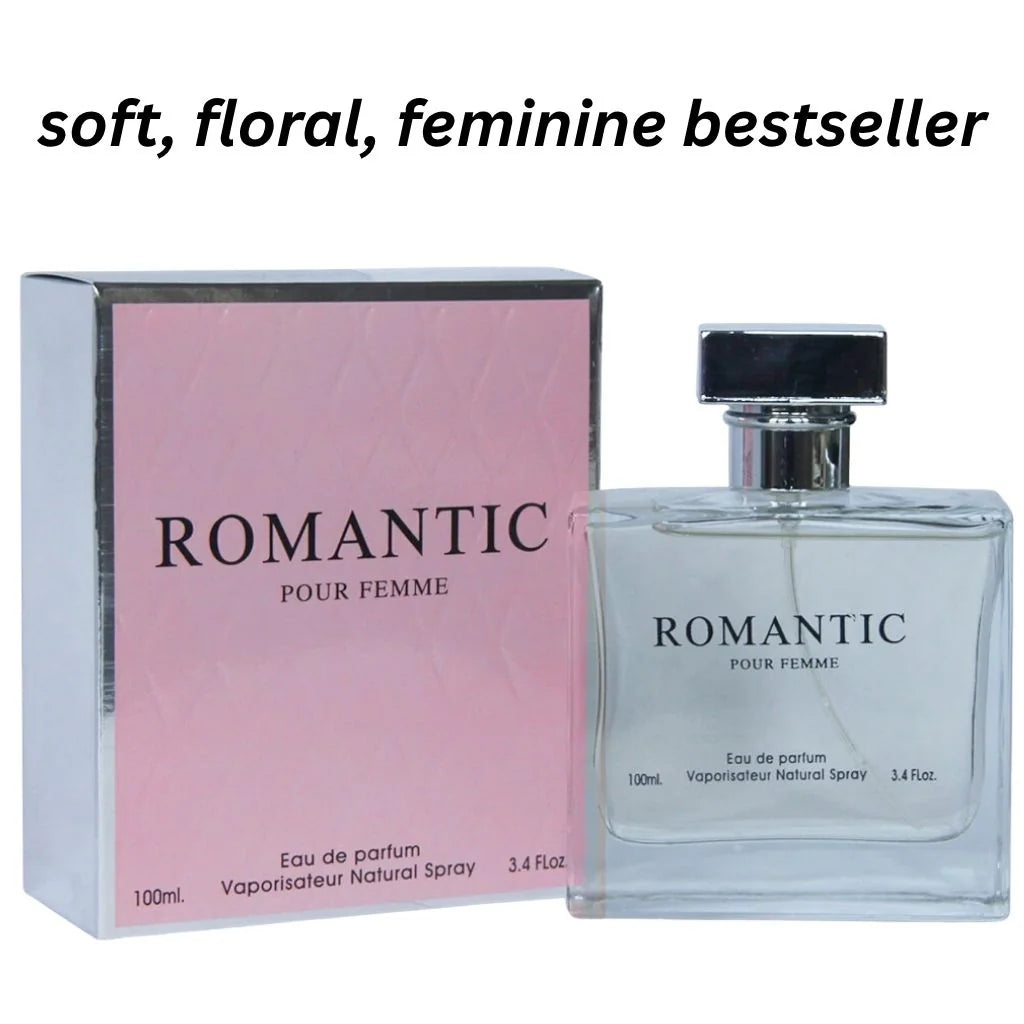 Romantic Pour Femme 100ml Eau de Parfum in a clear rectangular bottle with a silver cap next to its soft pink retail box.