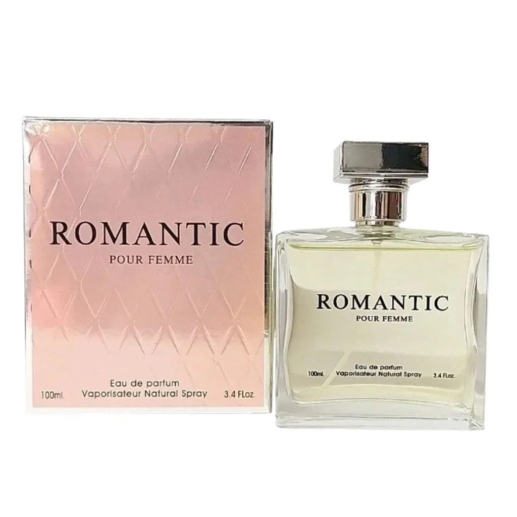 Romantic Pour Femme 100ml Eau de Parfum in a clear rectangular glass bottle next to its rose-gold quilted retail box.