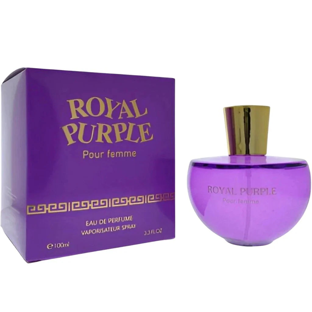 Royal Purple 100ml Eau de Parfum in a sleek purple bottle with a gold cap next to its premium purple and gold box.