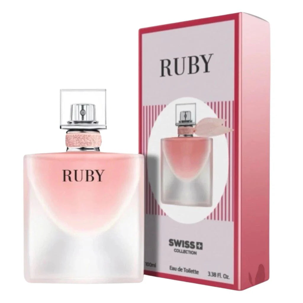 Ruby by Swiss Collection 100ml Eau de Toilette in a frosted glass bottle with pink accents next to its vibrant pink and white striped box.
