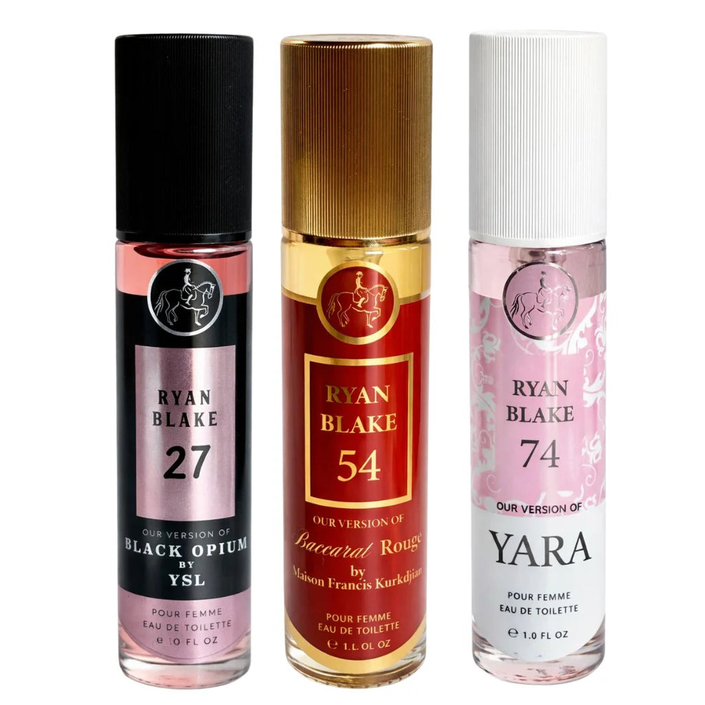 Ryan Blake Women's Perfume Bundle – 3 Piece Set including scents 27, 54, and 74 in 1.0 Fl Oz spray bottles.