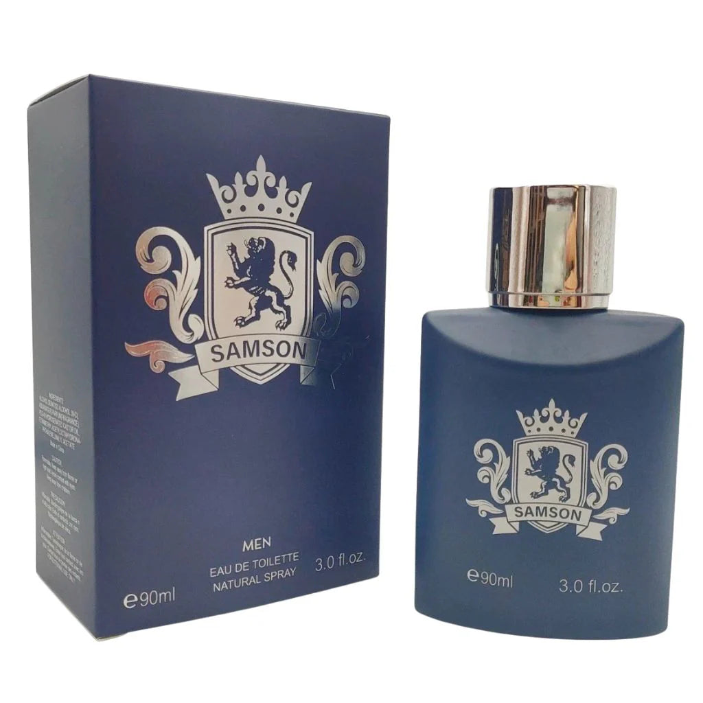 Samson for men in a 90ml matte navy blue bottle with a silver crest next to its matching blue and silver box.