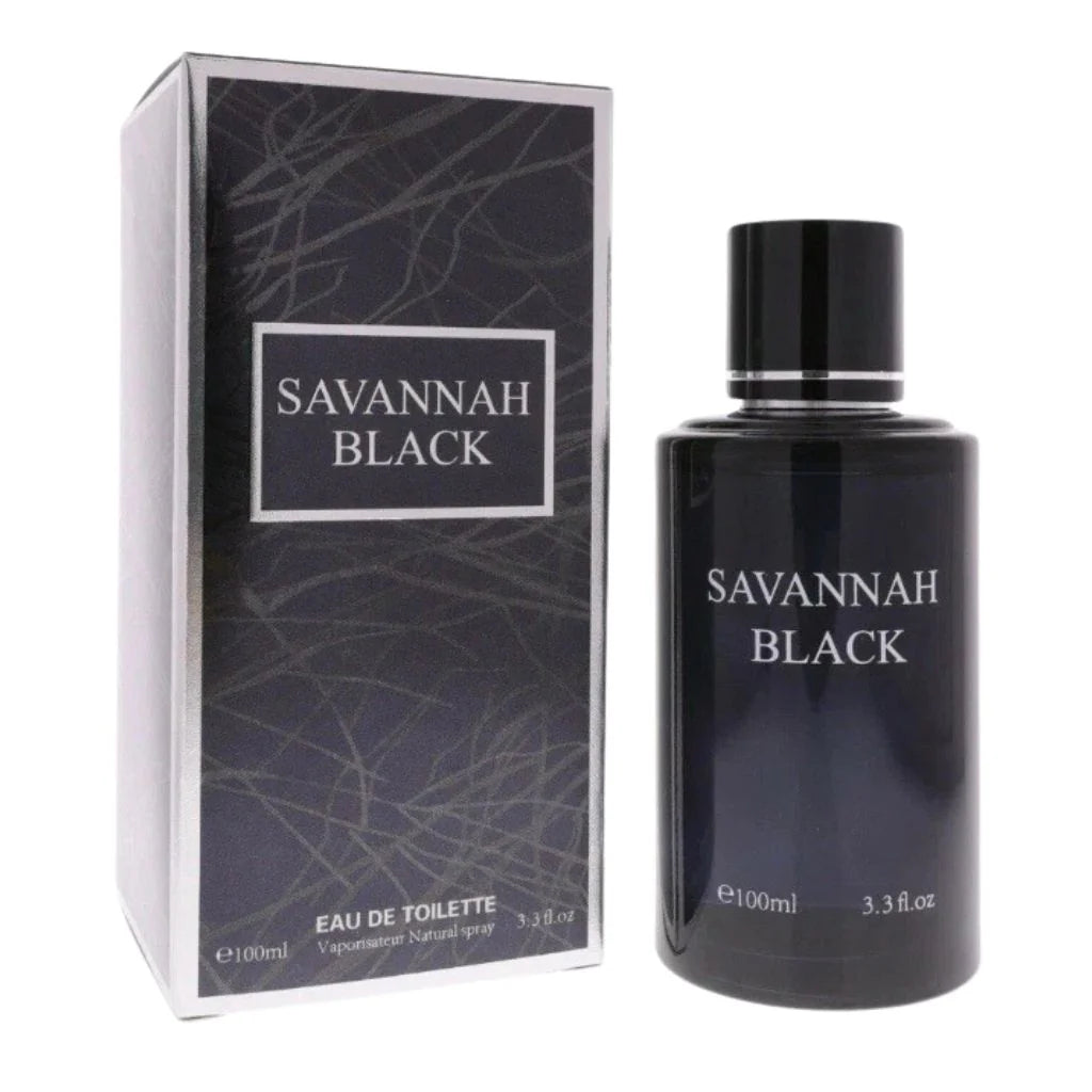 Savannah Black for Men 100ml Eau de Toilette bottle in dark black glass with matching patterned retail packaging.
