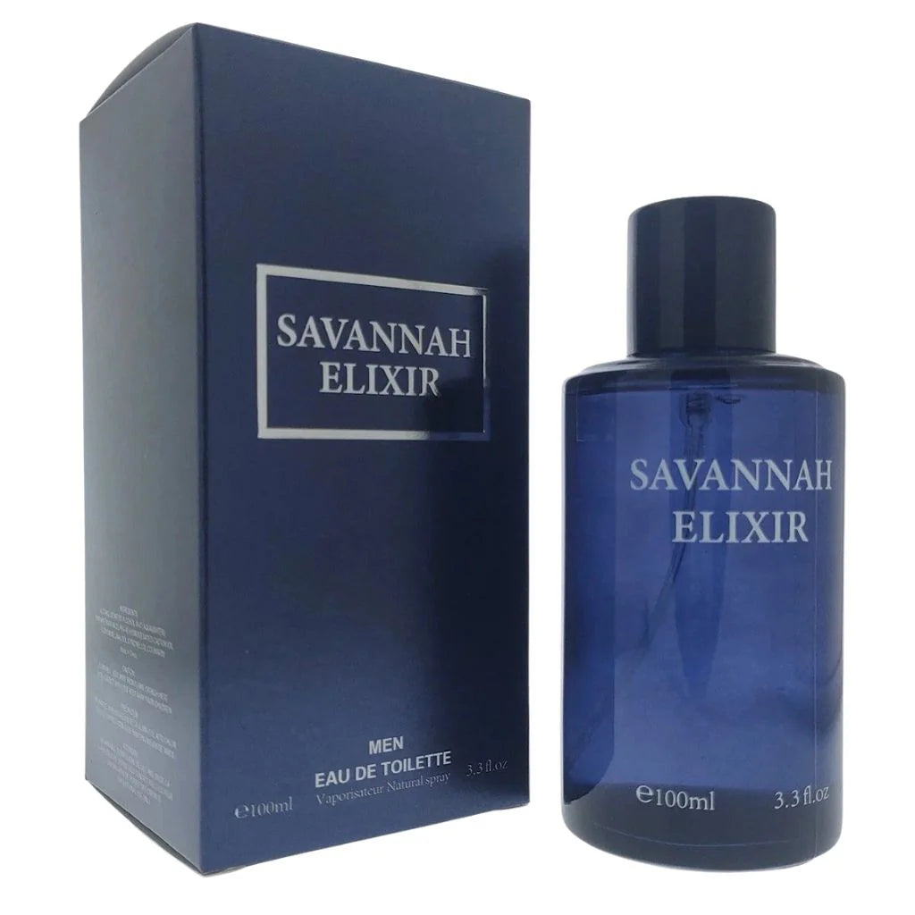 Savannah Elixir for Men 100ml Eau de Toilette bottle in deep blue glass next to its matching navy and silver retail box.
