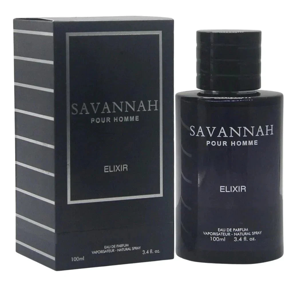 Savannah Pour Homme Elixir Eau de Parfum 100 ml men's cologne in a sleek dark bottle next to its striped black presentation box.