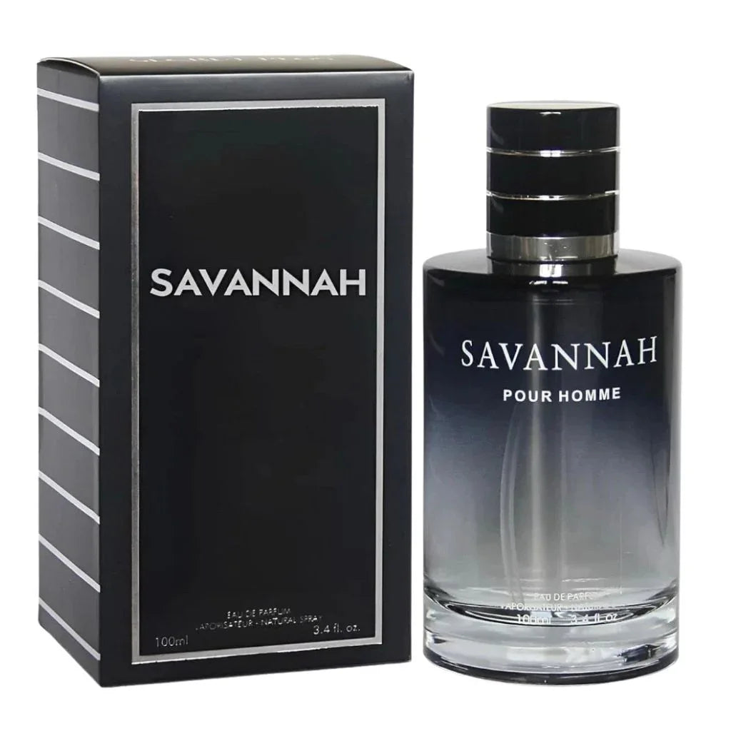 Savannah Pour Homme by Secret Plus 100ml Eau de Parfum in a black-to-clear gradient bottle next to its sleek black designer box.