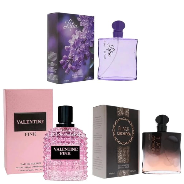 ScentBlooms premium luxury perfume 3-pack bundle set for women featuring three elegant glass Eau de Parfum bottles