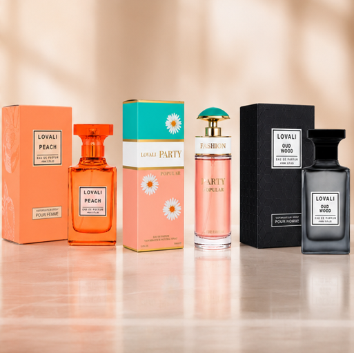 Lovali Luxury Perfume Gift Set for Men &amp; Women – Peach, Party Popular &amp; Oud Wood Eau de Parfum 3-Pack, Long Lasting Fragrance Collection, Floral Fruity &amp; Woody Scent Gift Set, Premium Perfume Bundle