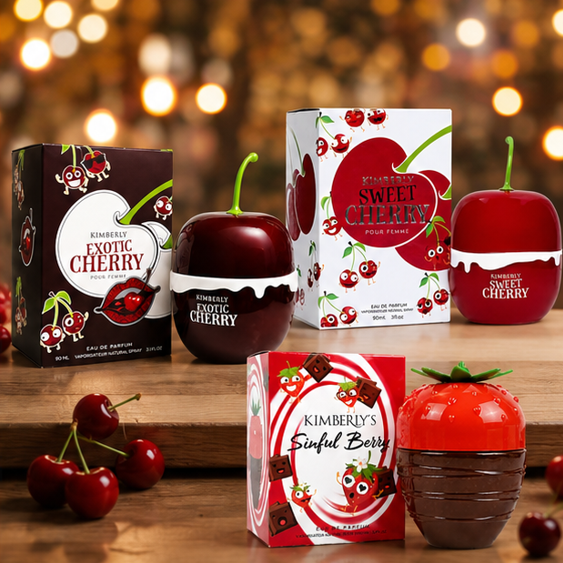 Kimberly’s Cherry Indulgence Trio Perfume Gift Set for Women – Exotic Cherry, Sweet Cherry &amp; Sinful Berry Eau de Parfum Collection, Long Lasting Fruity Gourmand Fragrance Bundle, 3 Piece Perfume Gift Set