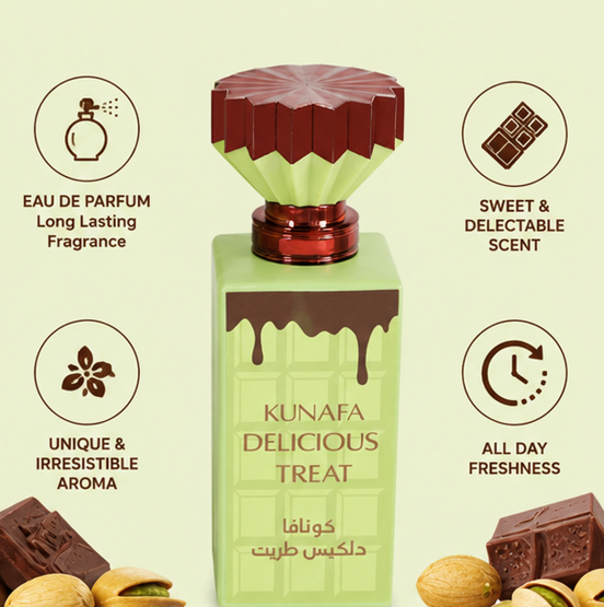 Kunafa Delicious Treat Eau De Parfum 100ml (3.4 Fl Oz) – Sweet Gourmand Perfume for Women &amp; Men – Vanilla Caramel Dessert Inspired Fragrance – Long Lasting Arabian Perfume Spray
