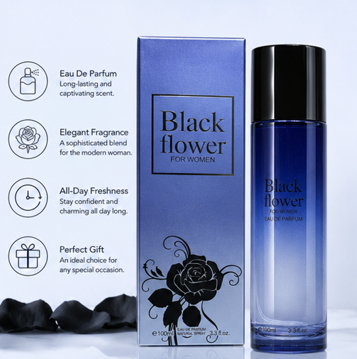 Black Flower Eau de Parfum for Women 3.3 Fl Oz (100ml) – Elegant Floral Perfume with Rose, Jasmine, Soft Musk &amp; Powdery Notes – Long Lasting Women&