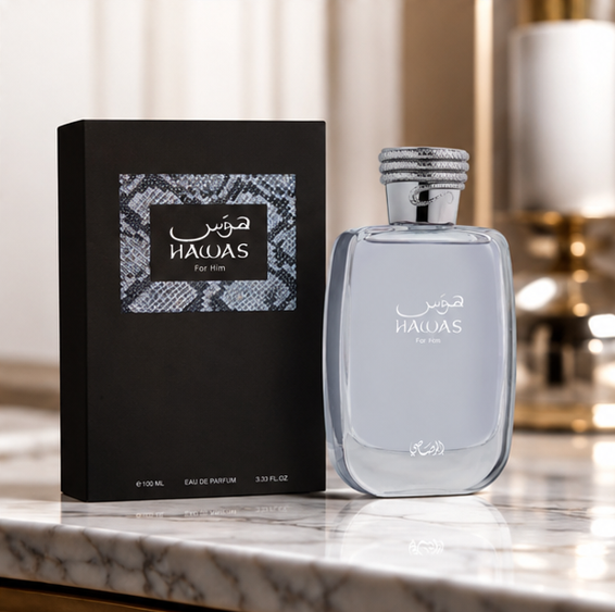 Hawas for Him Eau de Parfum for Men 3.3 Fl Oz (100ml) – Long Lasting Fresh Aquatic Woody Cologne, Citrus Aromatic Masculine Fragrance, Premium Everyday Scent &amp; Gift for Men