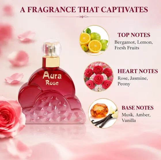 Aura Rose Eau De Parfum for Women 100ml (3.4 Fl Oz) – Long Lasting Sweet Floral Rose Perfume for Women – Feminine Romantic Fragrance Spray